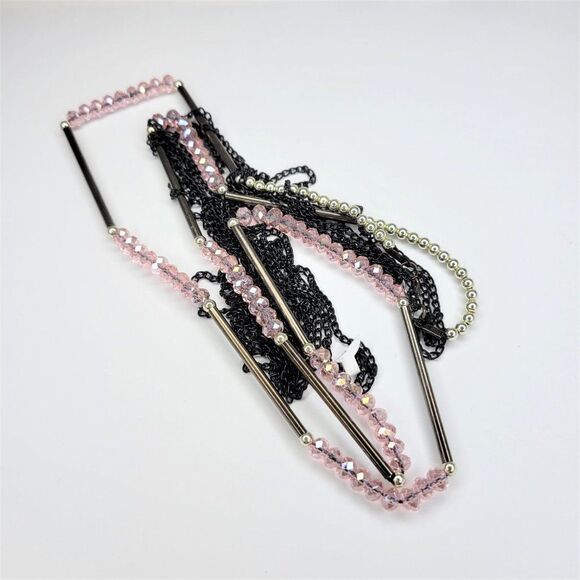 Multistrand Pink Bead Necklace, Pale Pink Long Necklace - Picture 7 of 12